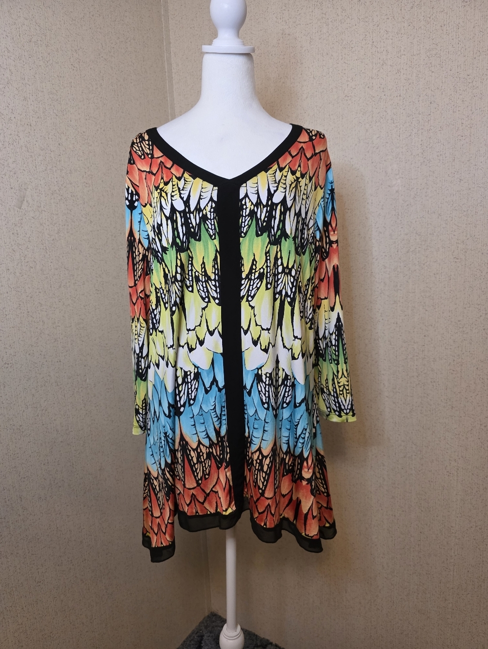 Peter Nygard Large Colorful Feather Print Long Sleeve Pull Over Tunic Top SZ:1X